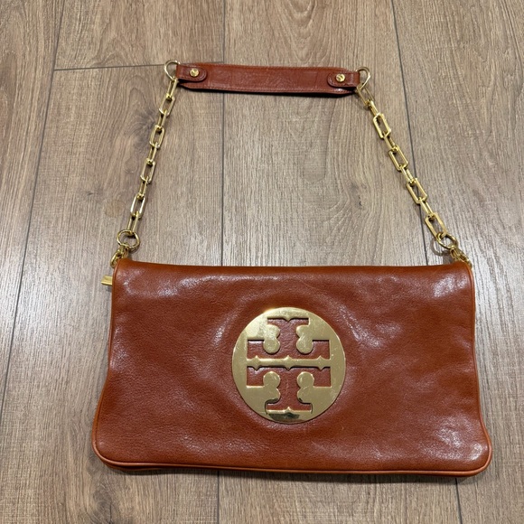 Tory Burch Handbags - Tory Burch Reva in Cognac Leather Clutch with Gold Chain